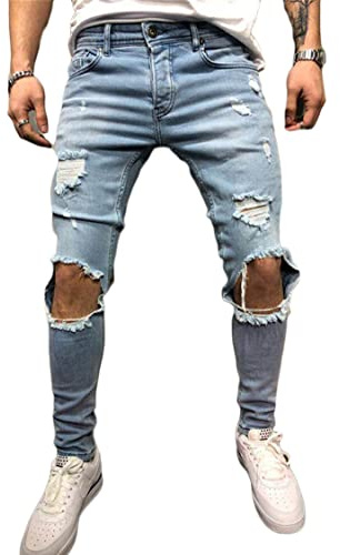 Jeans Déchiré pour Homme Pantalon Denim Slim Fit Jeans Troué Skinny Pantalon Cigare Homme Jeans Déchiré Percé Denim Vintage Délavé Motif Imprimé Casual (Bleu,M,M)