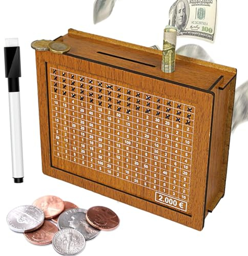 Lithyc Huchas - Hucha de Monedas de Madera - Huchas Reutilizables,Apto para Adultos y NiñOs, con Objetivos de Ahorro y Hucha Digital Marcable (2000€)