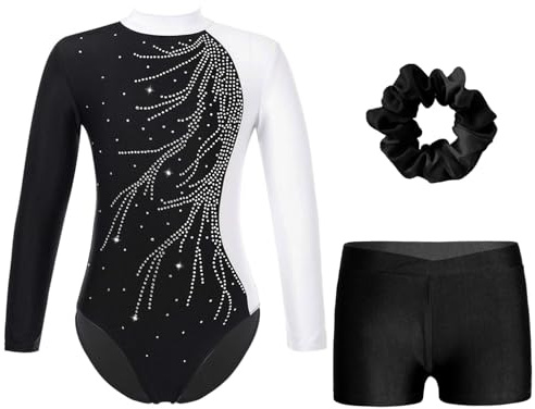ranrann Enfant Fille Ensemble Tenue Gymnastique Justaucorps et Short Tenue Patinage Artistique Danse 3-16 Ans A Blanc&Noir 13-14 ans