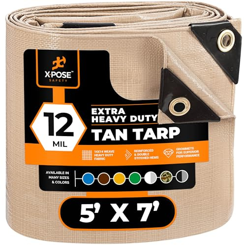 Heavy Duty Tan Poly Tarp 5' X 7' - Multipurpose Protective Cover - Durable, Waterproof, Weather Proof, Rip and Tear Resistant - Extra Thick 12 Mil Polyethylene - by Xpose Safety