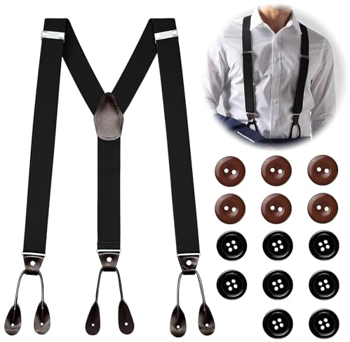 Men's Braces Button End Mens Button Braces for Trousers Buttons Braces for Men Y Shape Trimmed Fashion Adjustable Elastic Suspenders for Accessory Parties Weddings Casual Formal Events