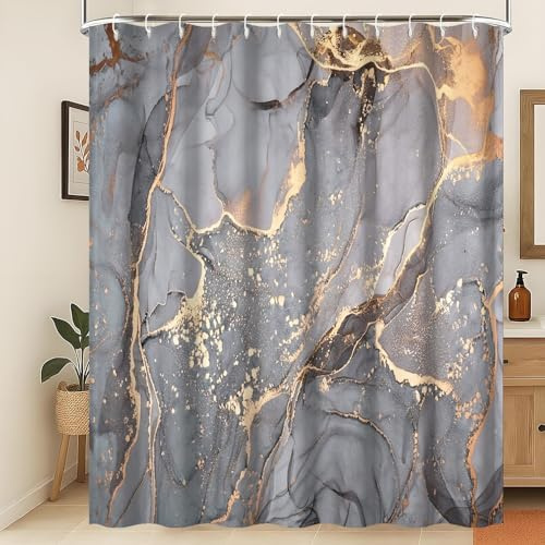 Xiaoterna Tenda da Doccia in Marmo, Tenda da Bagno Moderna Astratta Grigio Oro, Tessuto Impermeabile in Poliestere Splatter Oro, Lavabile in Lavatrice, 120x200cm