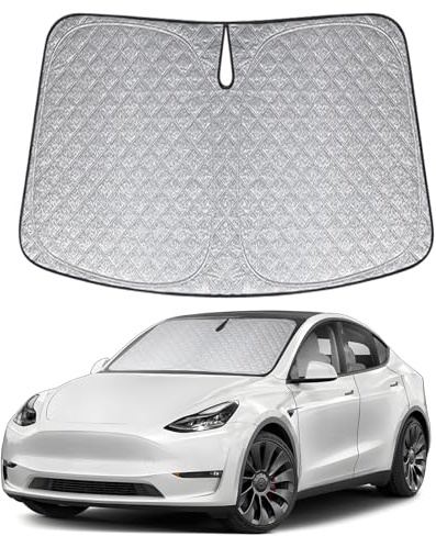 XCBYT Parasol Coche Delantero para Tesla Model Y 2019-2024, Engrosada Parasol Parabrisas, Plegable Protector Solar Coche, Mantén tu Coche Fresco, Anti UV Rayos y el Calor