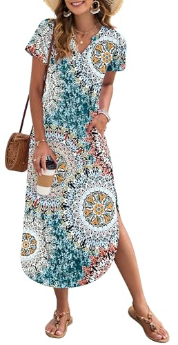 AUSELILY Women's Summer Casual Dress with Pockets V Neck Print Green XXL