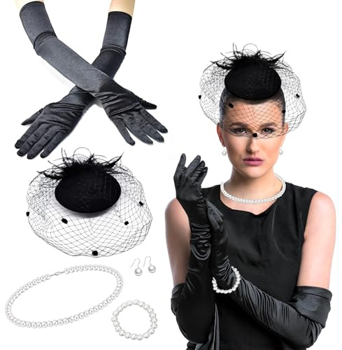 JNYUTEEN Chapeau Fascinateur, 5 Pièces Chapeau Fascinator Accessoires, Vintage Fascinator Femme Gants en Satin pour Mariage Douche Nuptiale Anniversaire Tea Party
