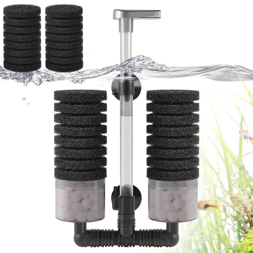 VILLNO Luftdrivet akvariefilter, akvarium svampfilter med biokemisk svamp och keramiska kulor, tyst innerfilter för 50–200 l söt- och saltvatten