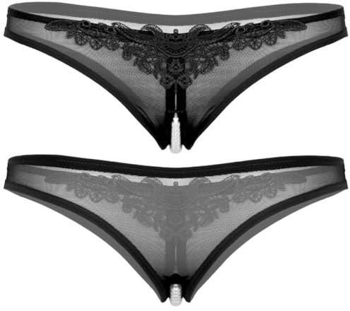 Hansber Femme String Tanga Perles String Transparent Lingerie Dentelle Culotte Ouvertslip Petite Culotte avec Chaînes Noir Taille Unique