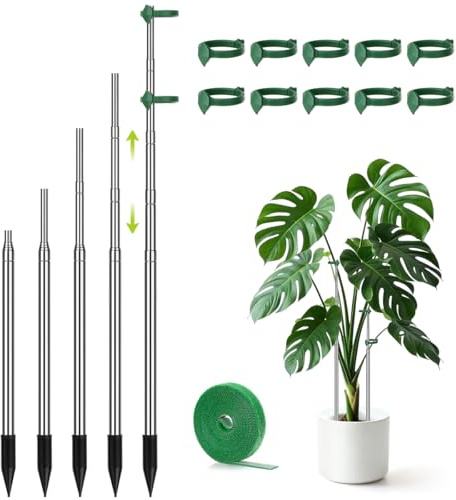 Aieve Extendable Plant Stakes, 13in to 49in Stainless Steel Telescoping Monstera Plant Support Stakes, Indoor Outdoor Garden Stake Support Sticks for Tomato Vegetables Monstera Vine (5 Packs)