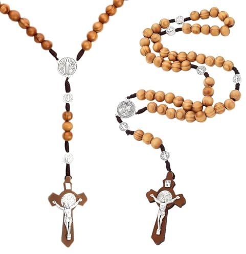 2 Pcs Wooden Rosary Beads, Rosary Beads Catholic Men Bead Wooden Cross Necklace, Bead Necklace for Women Used for Prayer Meditation, Suitable As a Men Necklaces or Women Accessory(60cm Chain Length)
