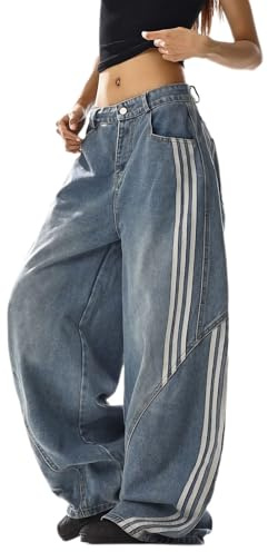 Generico Jeans Baggy da Donna Y2k Vita Alta Gamba Dritta Larga Pantaloni in Denim Larghi Vintage Caldi Casual Ragazze Adolescenti Streetwear(Blue,2XL)