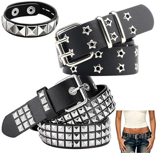 SurPse 3-Piece Black Studded Belt Set, Punk Accessories with Double Grommet Belt and Studded Wristband, Goth Belt, Goth Hip Hop Streetwear for Mens and Womens