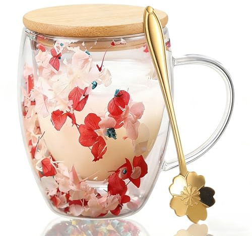 Wsndyjia 12Oz Dried Flower Double Walled Glass Mug with Spoon and Lid, 350ml Glass Coffee Mugs with Dry Flowers, Insulated Heat Resistant, Gifts Ideas for Women, Friend, Lover