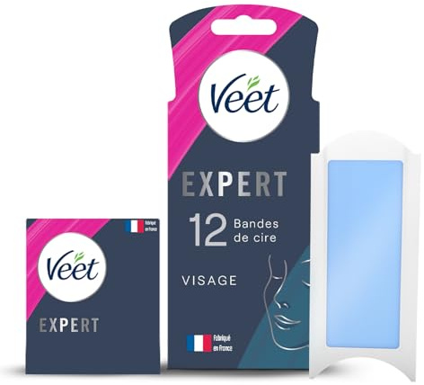 Veet EXPERT - 12 Bandes de Cire Froide Visage - Peaux Sensibles - Finition Parfaite - Epilation Longue Durée