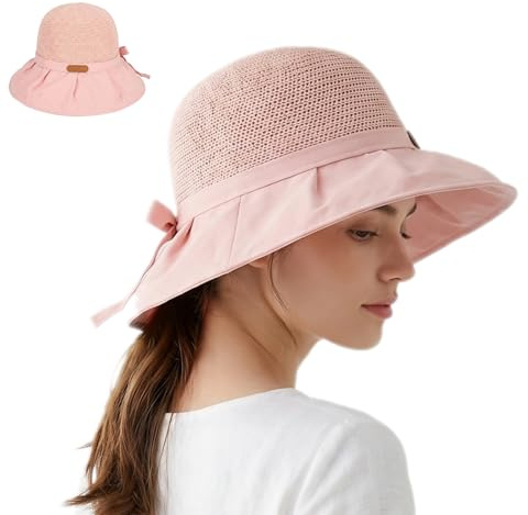 Sun Hats for Women UK, Bucket Sun Hat with Wide Brim, Women's Sunhats for Camping, Comfortable and Versatile Ladies Sunhat with Bowknot, Summer Packable Hats for Women Outdoor UV Protection (pink)