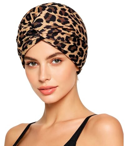 Bonnet de Bain en Tissu Imprimé pour Femme Turban de Natation Motif de Léopard Imprimé/Papillon/Alphabet Bonnet de Piscine pour Cheveux Longs,pour Natation,Plage et Spa