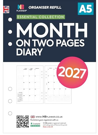 Inserto di ricarica per agenda 2027, formato A5, mese su due pagine, da gennaio 2027 a dicembre 2027, compatibile con organizer Filofax formato A5, inglese, 148 x 210 mm