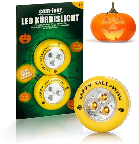 Com-Four® 2x LED-Licht für Halloween - Gelbes Kerzenflackern, Blinkende Kürbis Lichter für Ausgehölte und Geschnitzte Kürbisse - Kürbis-Lampe (Set 2x Gelb)
