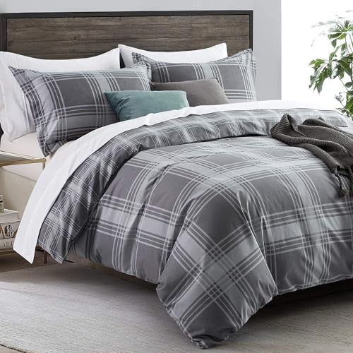 Imperial Rooms King Size Duvet Cover Set 230x220cm – 3 Piece Brushed Microfiber Bedding & Quilt Cover Set with 2 Pillowcases, Grey Check, Hypoallergenic, Breathable