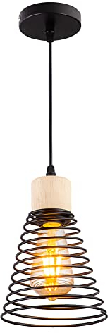 MAXDUYU Lámpara Colgante Vintage,Lámpara Colgante de Metal con Madera,Lámpara Colgante Retro Negra de Mesa de Comedor Lámpara Colgante Ajustable,Lámpara Colgante Moderna para Cocina Salón Bar,Ø15cm