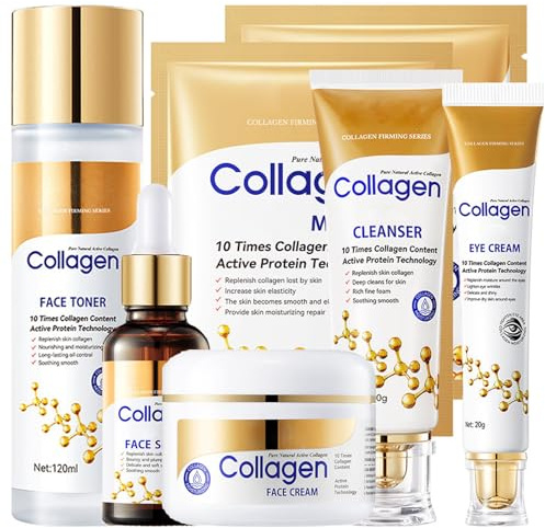 Collagen Skin Care Set, 6Pcs Face Care Sets for Older Women, Firming Skin, Shrink Pores, Smooth Wrinkles, Hydrating Skin Care Set Include Serum Face Cream Eye Cream Toner Cleanser Facial Mask1