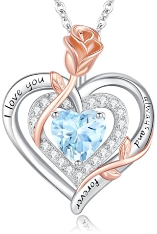 LAVUMO Collier Femme Véritable Argent Sterling 925/Laiton Pendentif Double Coeur Rose Fleur Pierre de Naissance Bijoux Cadeau Anniversaire Femme Cadeau Noël