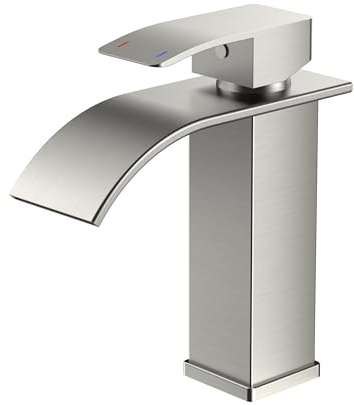 FORIOUS Wasserhahn Bad,Wasserfall Waschtischarmatur Einhandmischer Armatur Waschbecken mit Auslauf Höhe 110 MM,Wassersparend, Energiesparend,Brushed Nickel