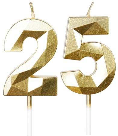 mciskin Gold 25th Birthday Candles, 3D Number 25 Candles for Cake, Girls Boys 25th Birthday Decorations,Pearl Gold Candle Cake Topper Decorations for Birthday Party Weddings Anniversary Supplies