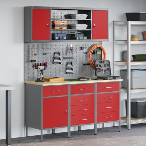 vidaXL Établi avec tiroir 7 pcs Rouge 150 x 55 x 200 cm Acier, Organisation d'atelier, Rangement de qualité, Armoire Industrielle Pratique, système de Stockage Multi-Fonction
