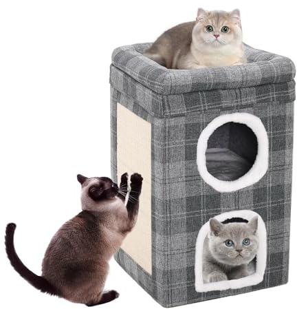 Casa para Gatos Interior Plegable, Departamento de Tres Pisos, Cama Cueva, Casa Grande con Hueco para Gatos & Rascador & Colchón 39x39x66 cm