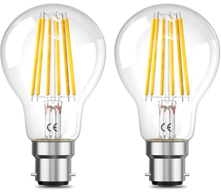 Bonlux 6W LED B22 Bayonet 100W Equivalent Light Bulbs Warm White 2700K | 1300LM, BC Cassic GLS A60 Filament Bulb, Large Bayonet Cap Push in Vintage Lamp, 220-240V 50hz, Pack of 2