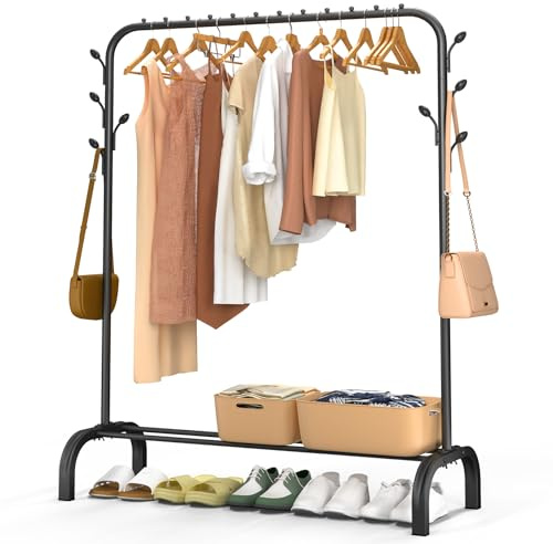 VOUNOT® Kleiderständer Metall, Kleiderstange Garderobenständer mit Schuhregal und 8 seitlichen Haken, Stabil, Schwerlast, für Schlafzimmer Flur Ankleidezimmer, 110x41x150cm Schwarz