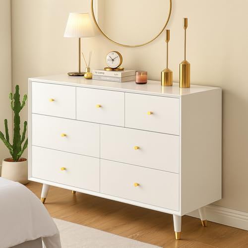 Ribanedy Commode Blanche à 7 tiroirs, Large Commode avec poignées dorées, Armoire de Rangement Moderne pour Chambre, Salon ou Dressing