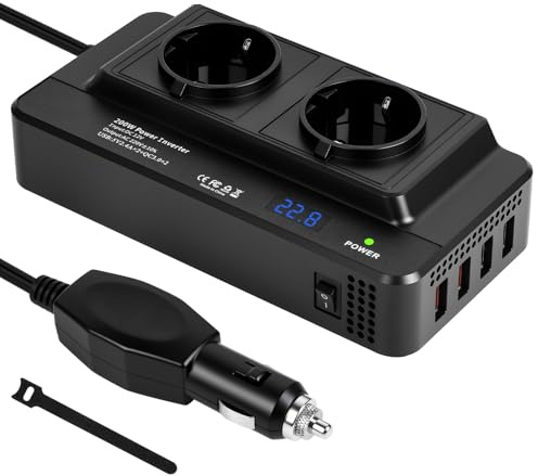 URAQT Auto Spannungswandler Wechselrichter DC 12 V auf AC 230 V 200W, mit 2 Steckdosen und 4 USB-Anschlüssen-USB3.0&USB2.0, Schnelles Aufladen KFZ Ladegerät mit Zigarettenanzünderstecker für Reisen
