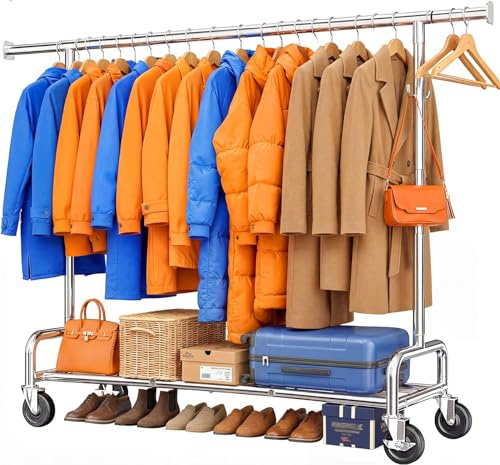 Cliporix 130-190cm Extendable Clothes Rail,150kg Load Heavy Duty Clothes Rack with Sturdy Lockable Wheels & Storage Shelf & 4 Hooks, Adjustable Clothing Rail for Bedroom, 50 x (130-190) x 170 cm