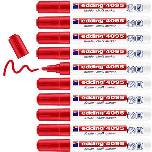 edding 4095 kritmarkör – röd – 10 kritpennor – rund spets 2–3 mm – kritpenna för tavla avtorkningsbar – för märkning av fönster, glas, spegel – bordspenna med ogenomskinliga färger