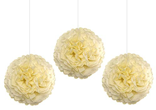 EinsSein 3X Pompons en Papier Set 35cm Beige Boule Papier Boules de Rose Banderole Pompoms Pom poms Porte clefs Decoration Fleurs Anniversaire Table Plan eventail éventail en Birthday Soie Deco
