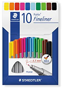 STAEDTLER triplus Fineliner 334, dreikant, superfeine, metallgefasste Spitze, ca. 0.3 mm, aus 97% Rezyklat, Made in Germany, Set mit 10 brillanten Farben im Kartonetui, 334 C10