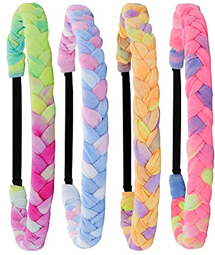FROG SAC 4 Braided Headbands for Girls, Adjustable Rainbow Tie Dye Braid Head Bands for Kids, Stretch Elastic Cloth Fabric Hairbands Accessories for Women, Teen Easter Basket Fillers Stocking Stuffers
