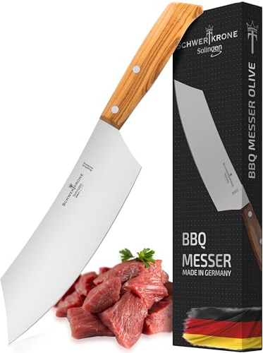 Schwertkrone® Grillmesser BBQ Messer [MADE IN SOLINGEN - GERMANY] - Fleischmesser extrem Scharf - Tranchiermesser - Küchenmesser Scharf Profi Messer - Chef Knife - Oliven-Holzgriff (Klinge: 22cm)