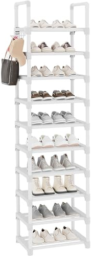 Lxvckly Shoe Rack, 10-Tier Shoe Storage Organizer, Metal Tall Shoe Shelf Holds 20-24 Pairs, Vertical Shoe & Boot Organizer for Narrow Spaces, Entryway, Closet, Hallway, Cloakroom, Garage White