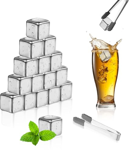 WACH AUF 16 Stück Edelstahl Eiswürfel mit 1Pcs Clips Whisky Steine Set 304 Wiederverwendbar Whiskystein Eingefroren Eiswürfel Schnelle für Cocktail Wein Wodka Liköre Fruchtsäfte Limonade(2,5 * 2,5cm)