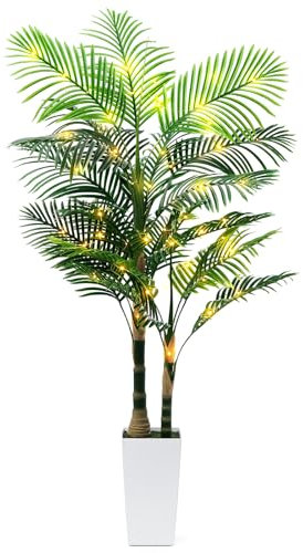 6ft Artificial Golden Cane Palm Tree with LED Fairy Lights & White Tall Planter - Lifelike Faux Tropical Palm Plant with Realistic Trunk and Palm Leaves for Home Office Living Room Corner Decor