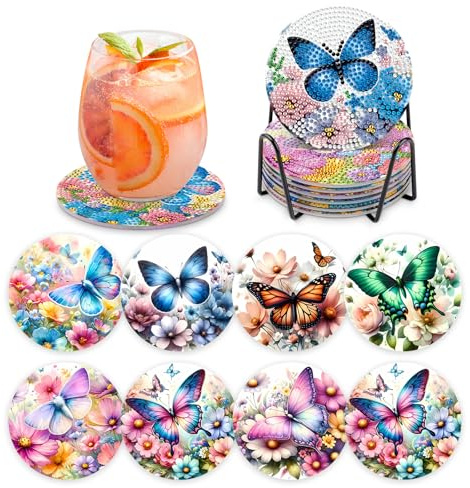 MOGTAA 8 STK Diamond Painting Untersetzer mit Halter, Diamond Painting Bunte Schmetterling, Diamant Malerei Set Bilder Erwachsene Kinder, DIY Diamant Tassenuntersetzer mit Kork, für Home Dekor