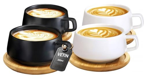VETIN 4 tazas de capuchino con plato, 300 ml, tazas de espresso de porcelana para té, café, capuchino latte, tazas de café con disco de madera (negro, 2 + blanco x 2)