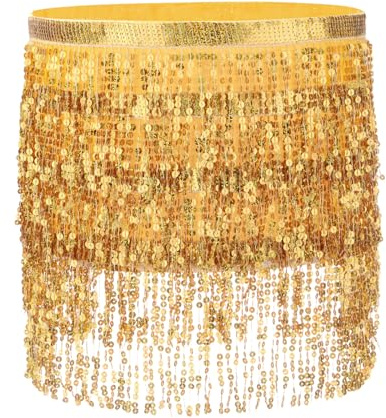 PATIKIL Women's Sequin Tassel Skirts 73x15 Inch, Rave Fringe Sparkle Skirt Belly Dance Hip Scarf for Women Festival Party Costume Performance, Gold Tone