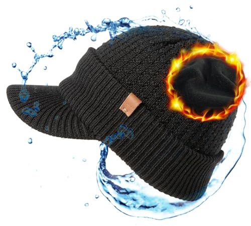 TOP-EX Wintermütze Herren Damen Strick Schirmmütze 50% Merinowolle wasserdicht Winddicht warm gefütterte Beanie mit Schirm gestrickte Wollmütze für Outdoor kalte Tage Schwarz XL/XXL