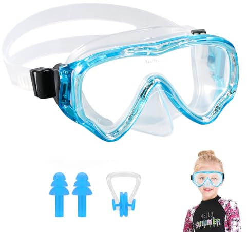 HIKOTEY Gafas de Bucear para Niños 4 a 16 años,Máscara de Buceo Panorámica de 180°,Antivaho Prueba de Fugas,Protección UV,Lentes Vidrio Templado,Equipado con Tapones los oídos y Clip Nasal-Azul Claro