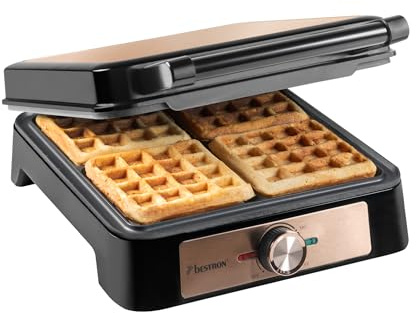Bestron Piastra per waffle belga, per waffle belga, per 4 waffle, dimensioni 10 x 10 cm, spessore: 1,5 cm, termostato continuo e semafora, adatto per famiglie o Pasqua, colore: rame