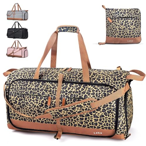Lekesky Sac de voyage pliable pour femme avec compartiment à chaussures, sac de sport étanche pour le weekend, sac d'hôpital, Motif léopard, (80L) DE