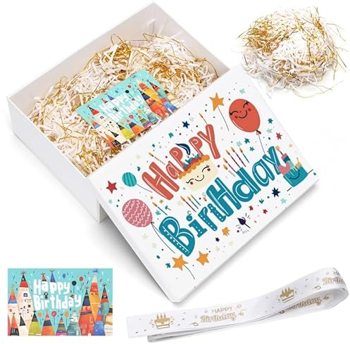 XWCHASA Geschenkbox Geburtstag 25 x 18 x 8,5 cm, Geschenkkarton mit Deckel Schleifen, Grußkarten, Raffia, Geschenkverpackung für Birthday